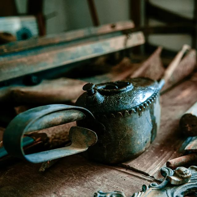 Time-stained echoes: An aged oil canister.